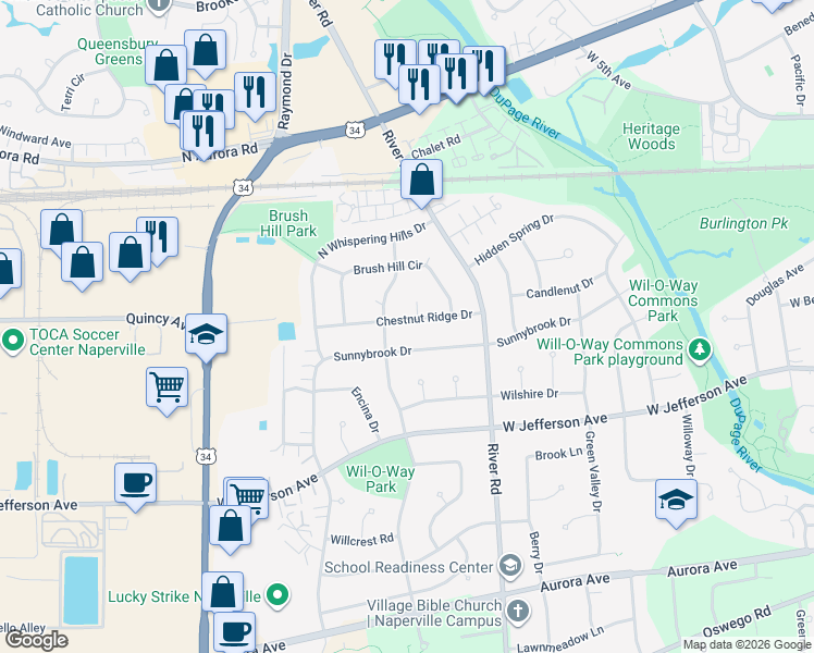 map of restaurants, bars, coffee shops, grocery stores, and more near 1337 Chestnut Ridge Drive in Naperville