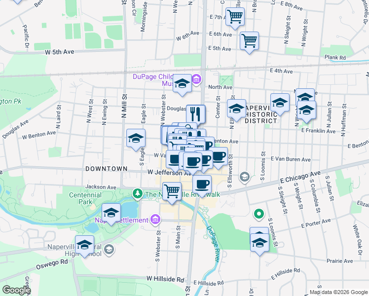 map of restaurants, bars, coffee shops, grocery stores, and more near 116 South Main Street in Naperville