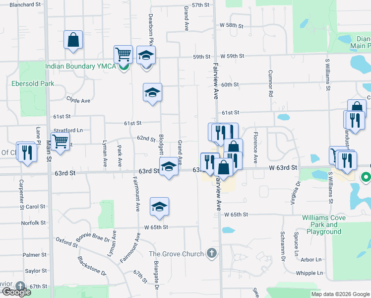 map of restaurants, bars, coffee shops, grocery stores, and more near 6211 Grand Avenue in Downers Grove