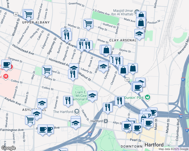 map of restaurants, bars, coffee shops, grocery stores, and more near 27 Williams Street in Hartford