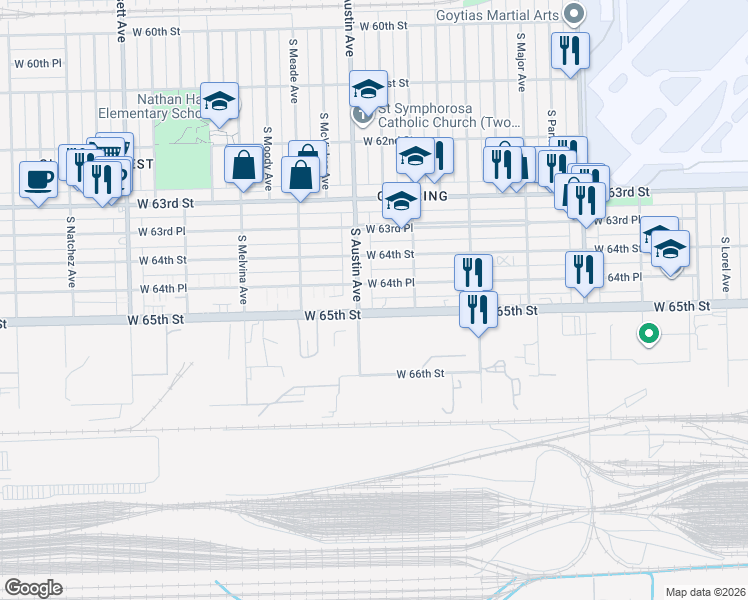 map of restaurants, bars, coffee shops, grocery stores, and more near 5944 West 65th Street in Chicago