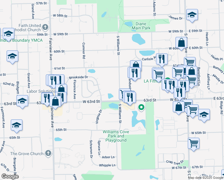 map of restaurants, bars, coffee shops, grocery stores, and more near 1128 South Williams Street in Westmont