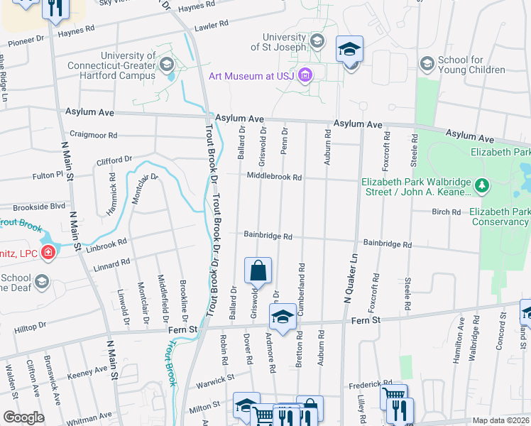 map of restaurants, bars, coffee shops, grocery stores, and more near 160 Griswold Drive in West Hartford