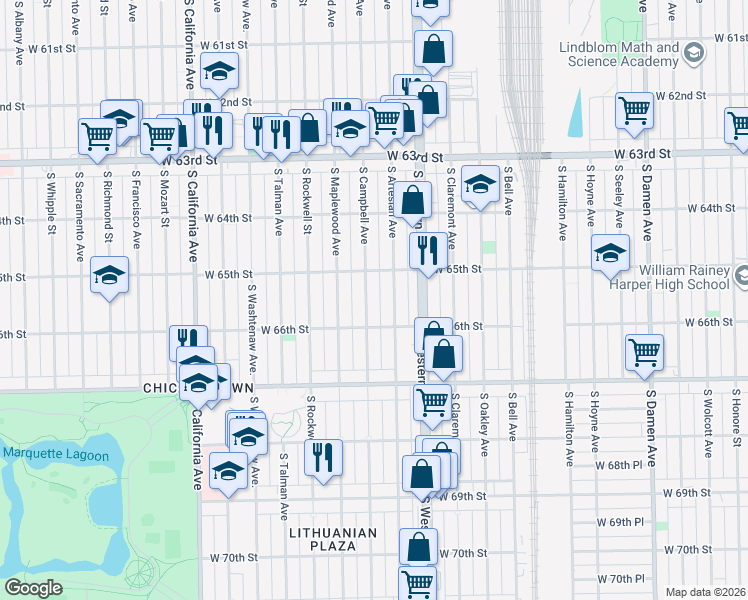 map of restaurants, bars, coffee shops, grocery stores, and more near 6517 South Campbell Avenue in Chicago