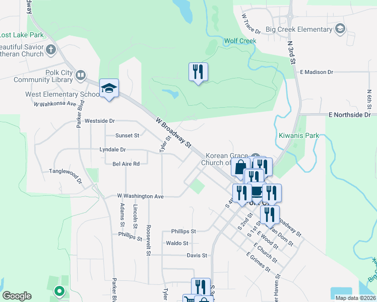 map of restaurants, bars, coffee shops, grocery stores, and more near 905 West Broadway Street in Polk City