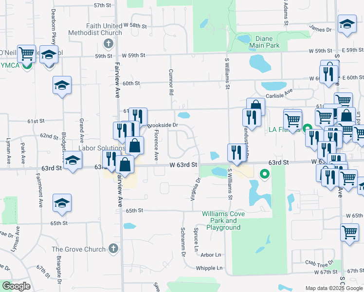 map of restaurants, bars, coffee shops, grocery stores, and more near 1121 Honeywood Drive in Westmont