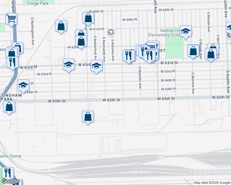map of restaurants, bars, coffee shops, grocery stores, and more near 6634 West 64th Place in Chicago