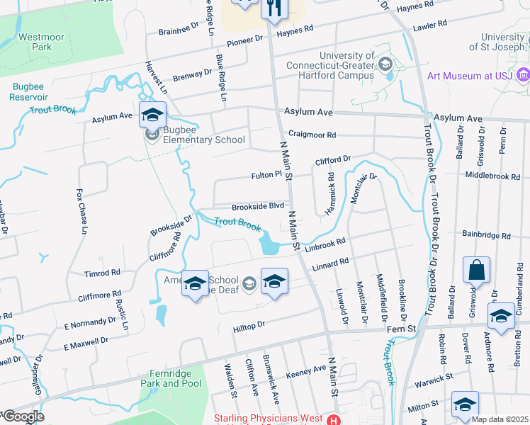 map of restaurants, bars, coffee shops, grocery stores, and more near 17 Brookside Boulevard in West Hartford