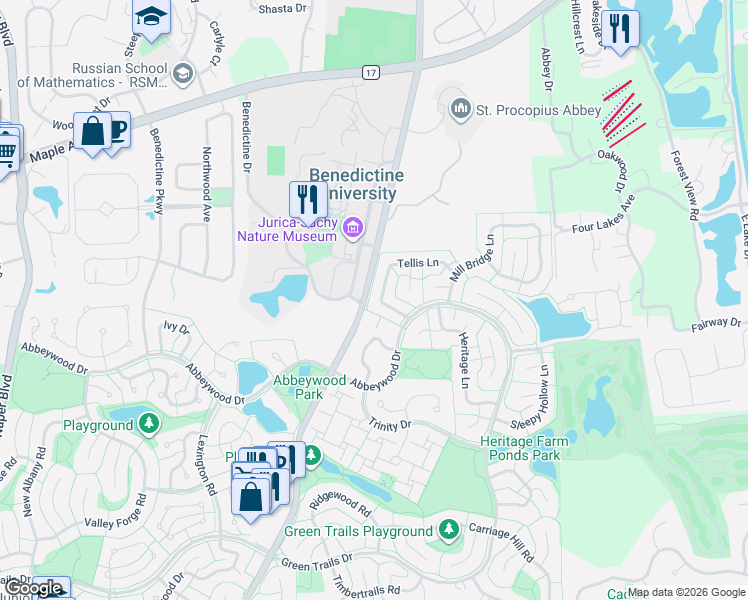 map of restaurants, bars, coffee shops, grocery stores, and more near 6072 Angel Lane in Lisle