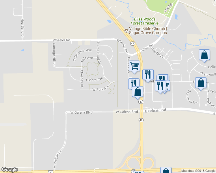 map of restaurants, bars, coffee shops, grocery stores, and more near 99 West Park Avenue in Sugar Grove