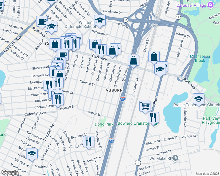 map of restaurants, bars, coffee shops, grocery stores, and more near 91 Clarence Street in Cranston