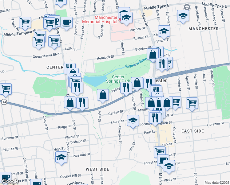 map of restaurants, bars, coffee shops, grocery stores, and more near 60 Winter Street in Manchester