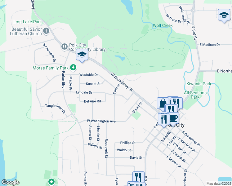 map of restaurants, bars, coffee shops, grocery stores, and more near 201 Tyler Street in Polk City