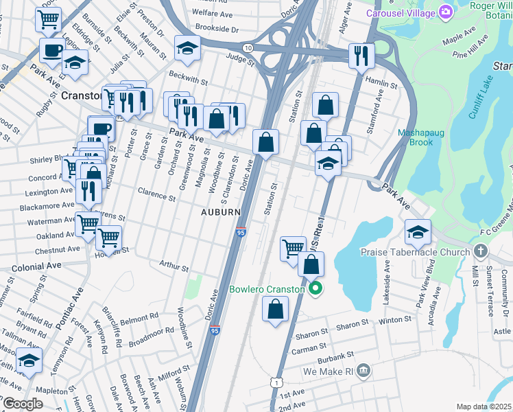 map of restaurants, bars, coffee shops, grocery stores, and more near 494 Wellington Avenue in Cranston