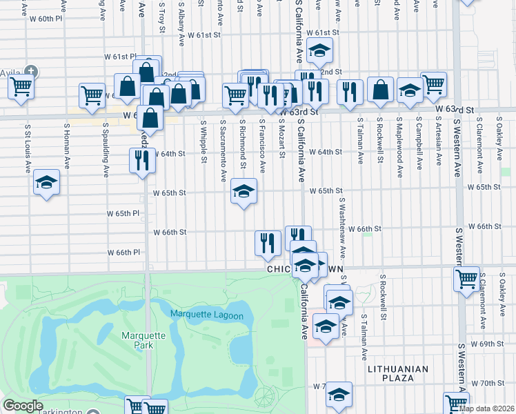 map of restaurants, bars, coffee shops, grocery stores, and more near 6514 South Francisco Avenue in Chicago