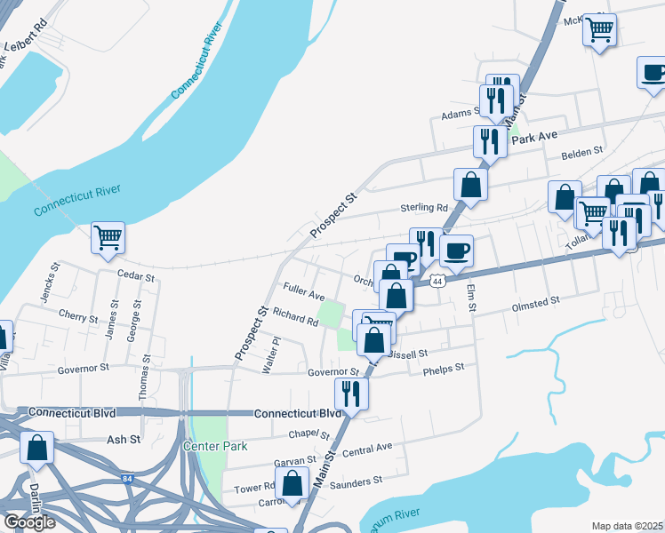 map of restaurants, bars, coffee shops, grocery stores, and more near 74 Orchard Street in East Hartford