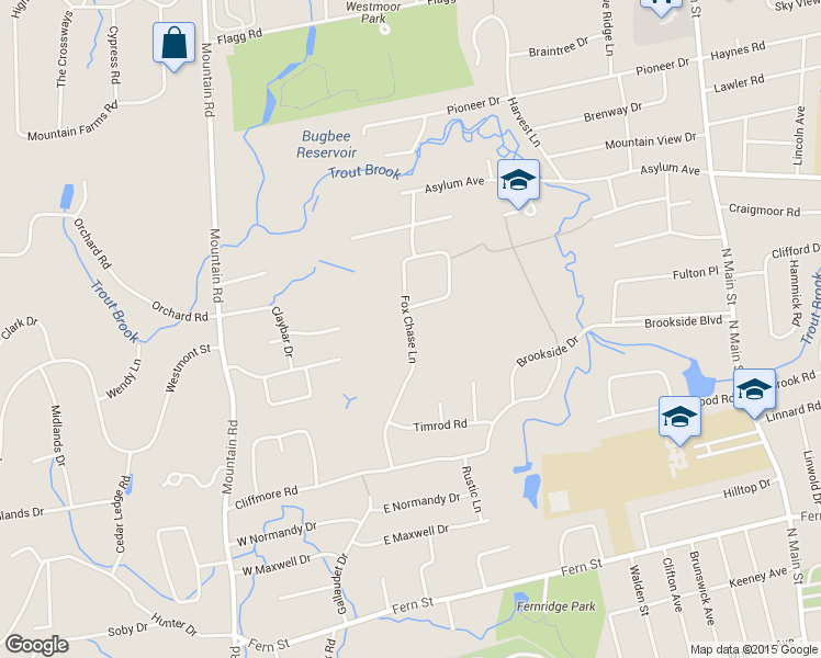 map of restaurants, bars, coffee shops, grocery stores, and more near Fox Chase Lane in West Hartford