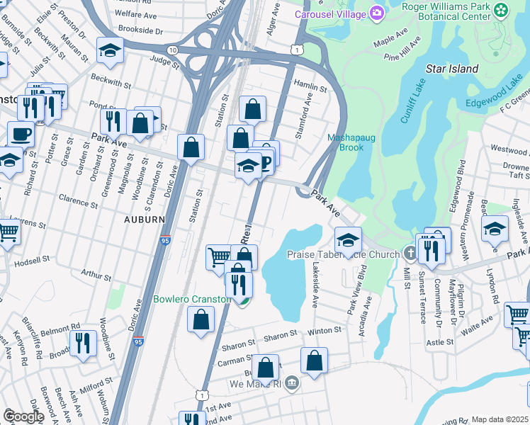 map of restaurants, bars, coffee shops, grocery stores, and more near 32 Prospect Street in Cranston