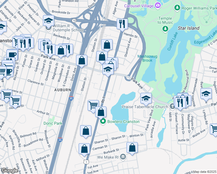 map of restaurants, bars, coffee shops, grocery stores, and more near 1303 Elmwood Avenue in Cranston