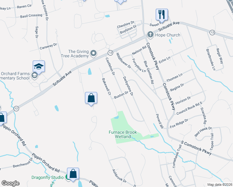 map of restaurants, bars, coffee shops, grocery stores, and more near 64 Castleton Drive in Cranston
