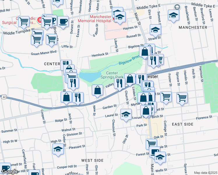 map of restaurants, bars, coffee shops, grocery stores, and more near 60 Winter Street in Manchester