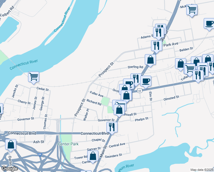 map of restaurants, bars, coffee shops, grocery stores, and more near 90R Orchard Street in East Hartford