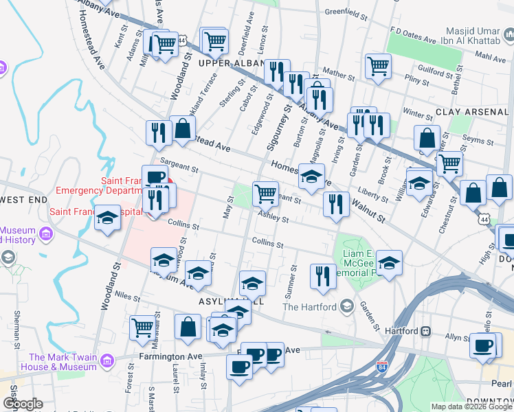 map of restaurants, bars, coffee shops, grocery stores, and more near 125 Sargeant Street in Hartford