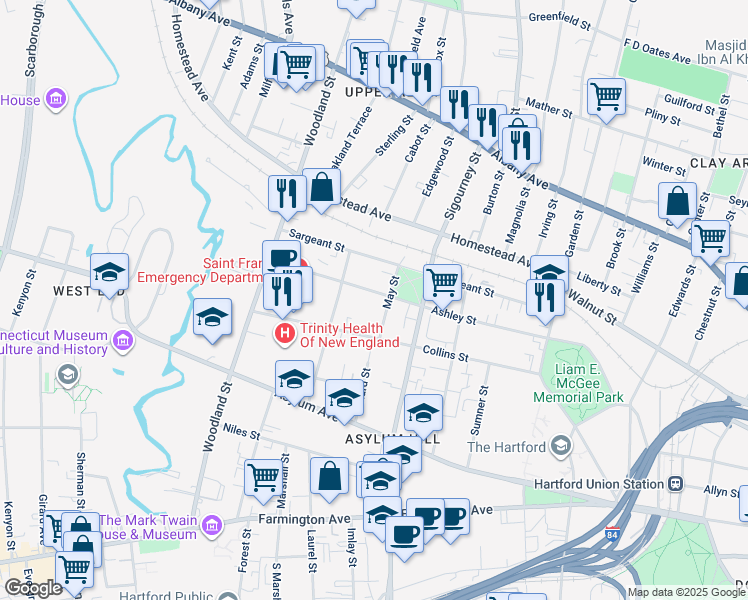 map of restaurants, bars, coffee shops, grocery stores, and more near 166 Ashley Street in Hartford