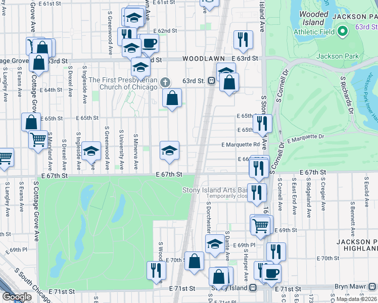 map of restaurants, bars, coffee shops, grocery stores, and more near 1351 East Marquette Road in Chicago
