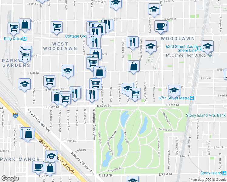map of restaurants, bars, coffee shops, grocery stores, and more near 6555 South Drexel Avenue in Chicago