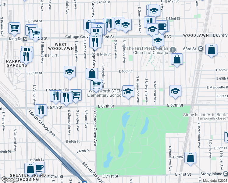 map of restaurants, bars, coffee shops, grocery stores, and more near 6555 South Drexel Avenue in Chicago