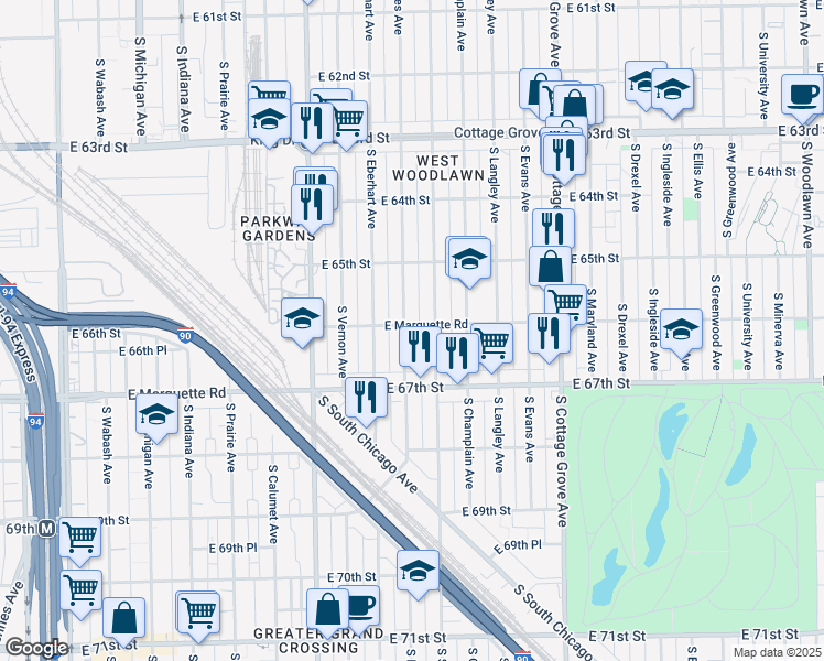 map of restaurants, bars, coffee shops, grocery stores, and more near 6556 South Rhodes Avenue in Chicago