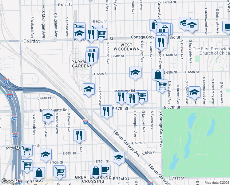 map of restaurants, bars, coffee shops, grocery stores, and more near 6556 South Rhodes Avenue in Chicago