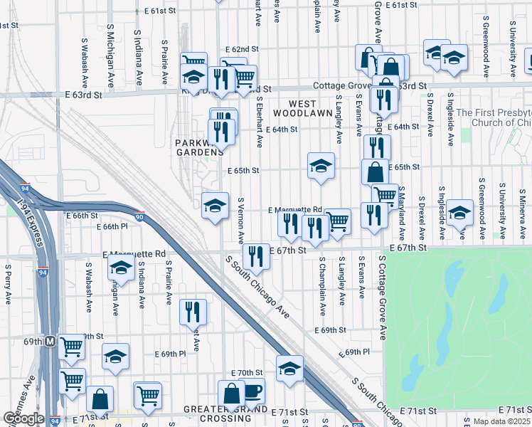 map of restaurants, bars, coffee shops, grocery stores, and more near 456 East 66th Street in Chicago