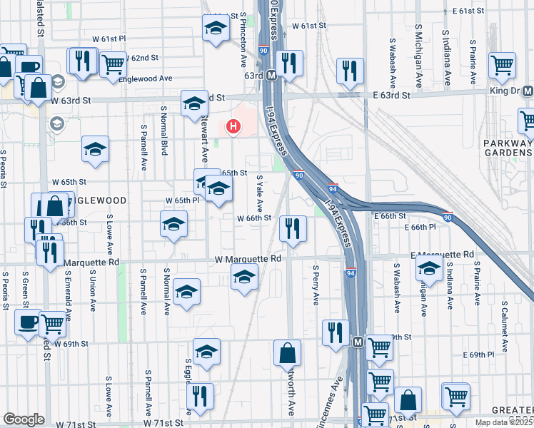 map of restaurants, bars, coffee shops, grocery stores, and more near 6553 South Yale Avenue in Chicago