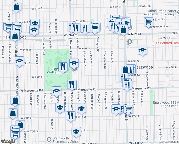 map of restaurants, bars, coffee shops, grocery stores, and more near 6534 South Carpenter Street in Chicago