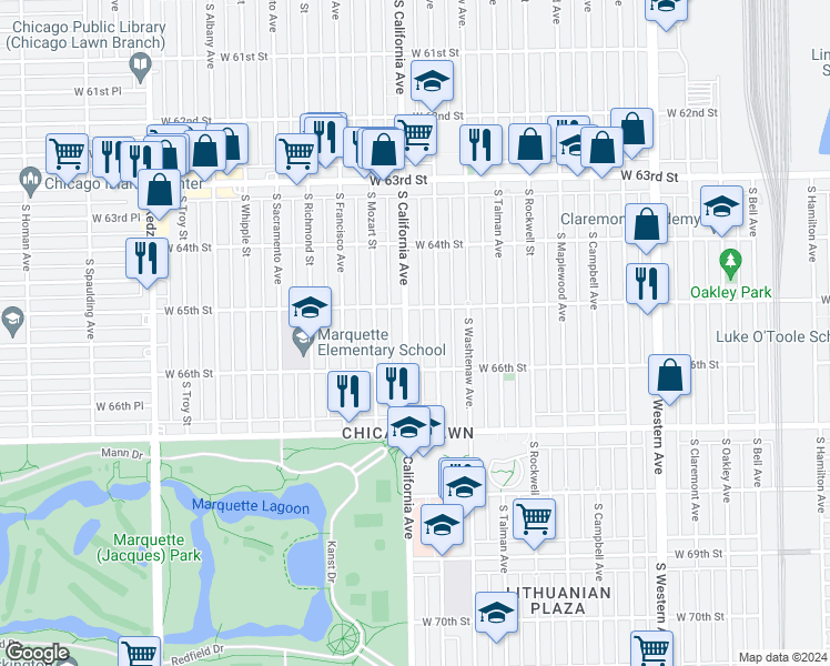 map of restaurants, bars, coffee shops, grocery stores, and more near 6501 South California Avenue in Chicago