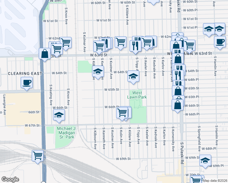 map of restaurants, bars, coffee shops, grocery stores, and more near 6457 South Kostner Avenue in Chicago