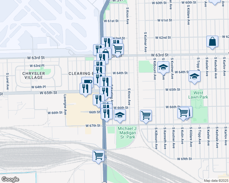 map of restaurants, bars, coffee shops, grocery stores, and more near 6452 South Keating Avenue in Chicago