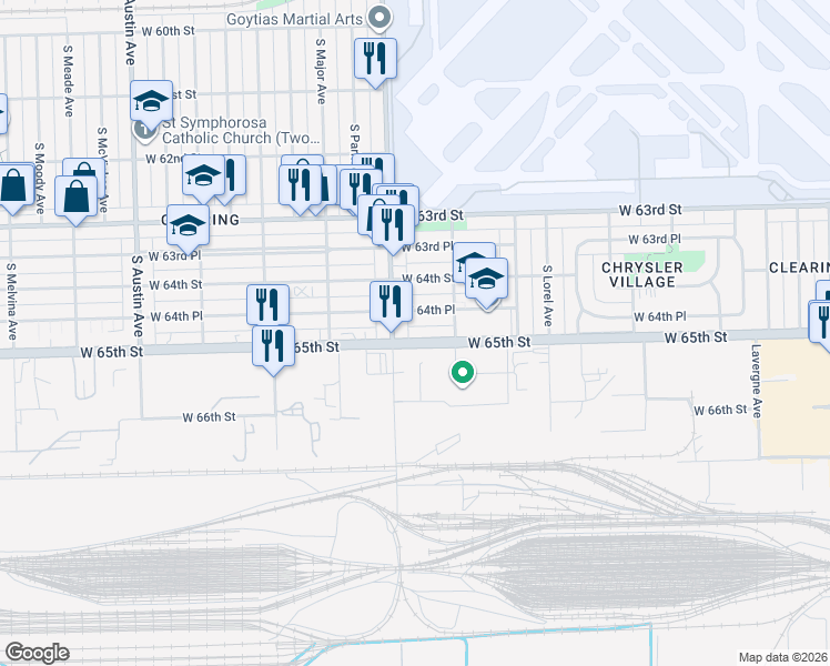map of restaurants, bars, coffee shops, grocery stores, and more near 5535 West 64th Place in Chicago