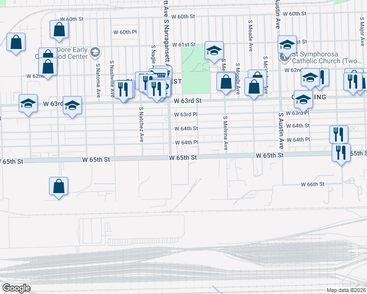 map of restaurants, bars, coffee shops, grocery stores, and more near 6330 West 64th Place in Chicago