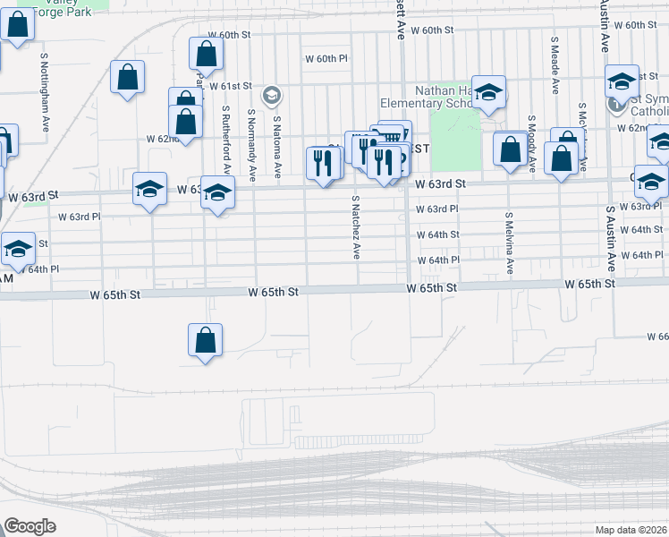 map of restaurants, bars, coffee shops, grocery stores, and more near 6520 West 64th Place in Chicago