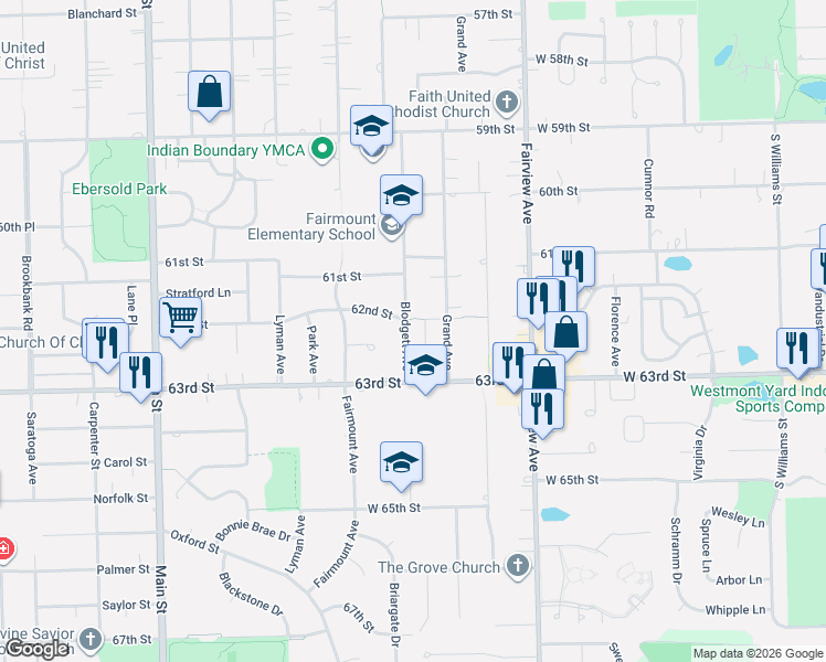 map of restaurants, bars, coffee shops, grocery stores, and more near 601 62nd Street in Downers Grove