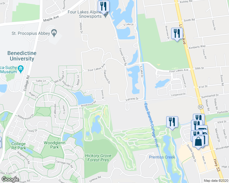 map of restaurants, bars, coffee shops, grocery stores, and more near 6010 Oakwood Drive in Lisle