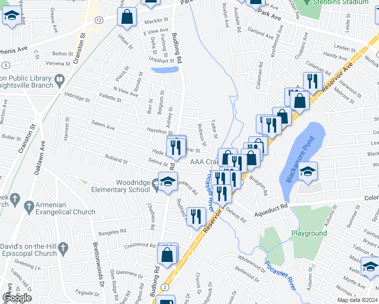 map of restaurants, bars, coffee shops, grocery stores, and more near 31 Farrar Street in Cranston