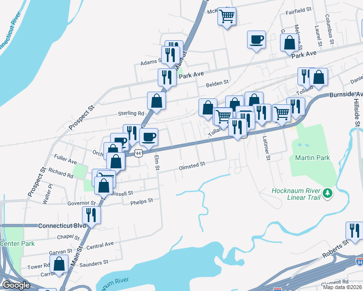 map of restaurants, bars, coffee shops, grocery stores, and more near 90 Burnside Avenue in East Hartford