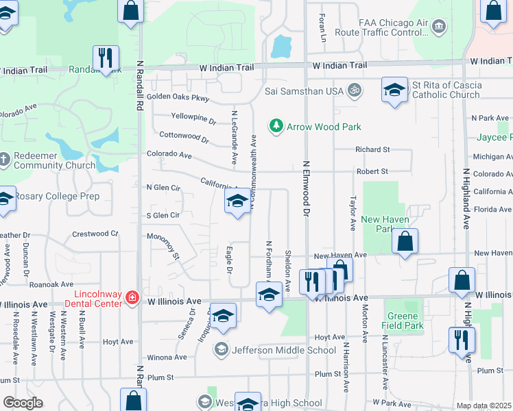 map of restaurants, bars, coffee shops, grocery stores, and more near 877 North Commonwealth Avenue in Aurora