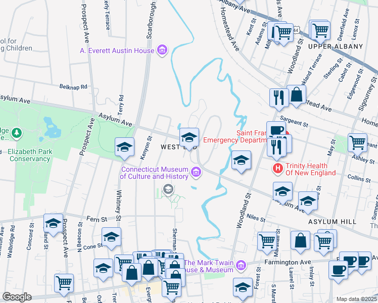 map of restaurants, bars, coffee shops, grocery stores, and more near 1265 Asylum Avenue in Hartford