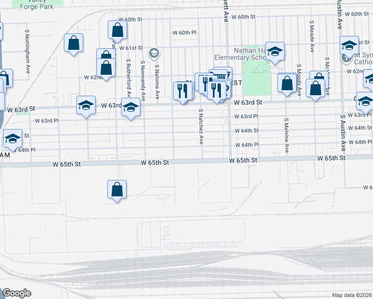 map of restaurants, bars, coffee shops, grocery stores, and more near 6525 West 64th Place in Chicago