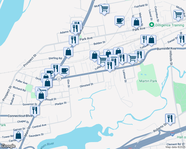 map of restaurants, bars, coffee shops, grocery stores, and more near 149 Burnside Avenue in East Hartford